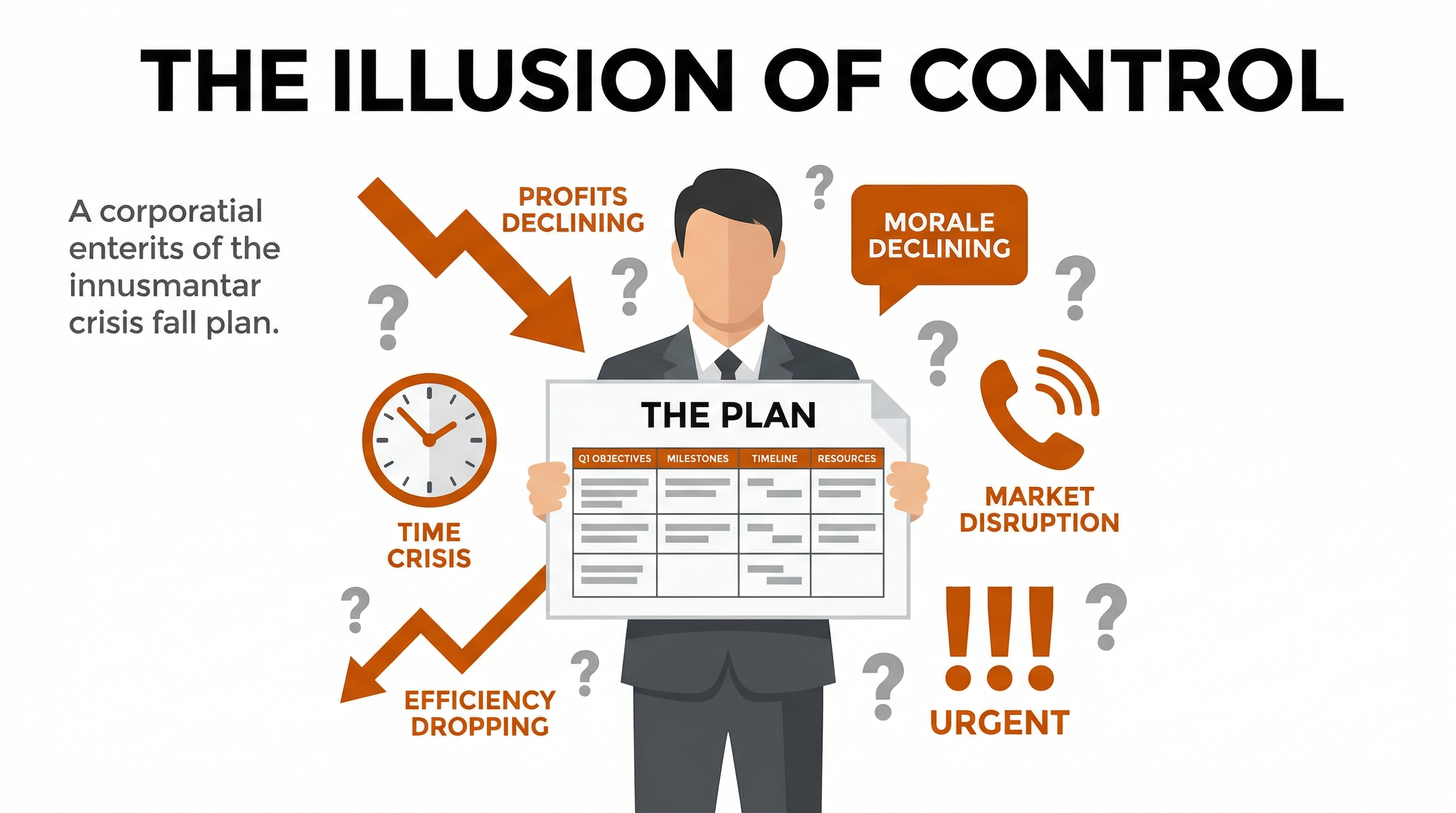 The Illusion of Control — a pristine plan surrounded by chaos: declining profits, efficiency drops, morale issues, market disruption, and urgent crises