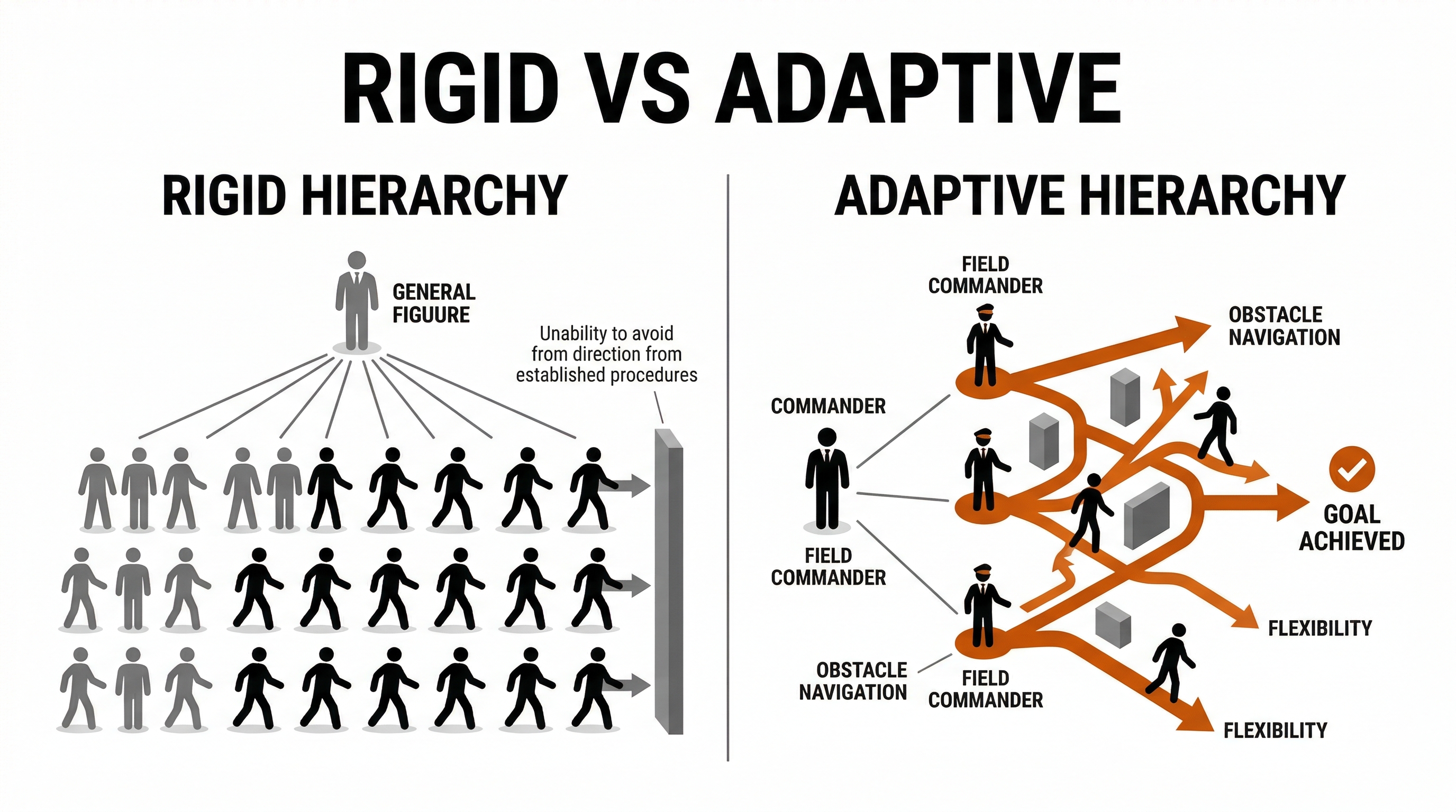 Rigid vs Adaptive — rigid hierarchy with a single direction versus adaptive hierarchy with field commanders navigating obstacles through multiple flexible paths